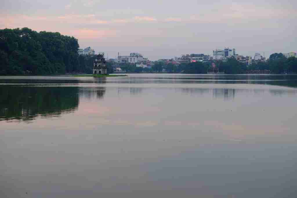 Hoan Kiem Lake in downtown Hanoi at night