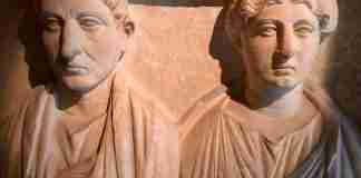 A funerary bust of male and female family members, a common practice in Macedonia between 1 B.C. and 4 A.D.