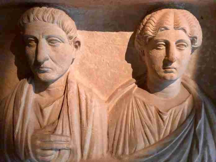 A funerary bust of male and female family members, a common practice in Macedonia between 1 B.C. and 4 A.D.