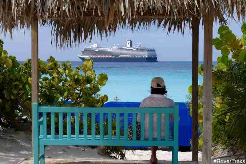 Watching a cruise liner arrive at Half Moon Cay, Bahamas