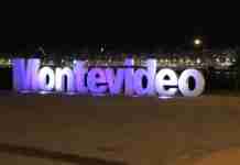 Night time shot of the iconic city sign at Montevideo