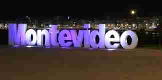 Night time shot of the iconic city sign at Montevideo