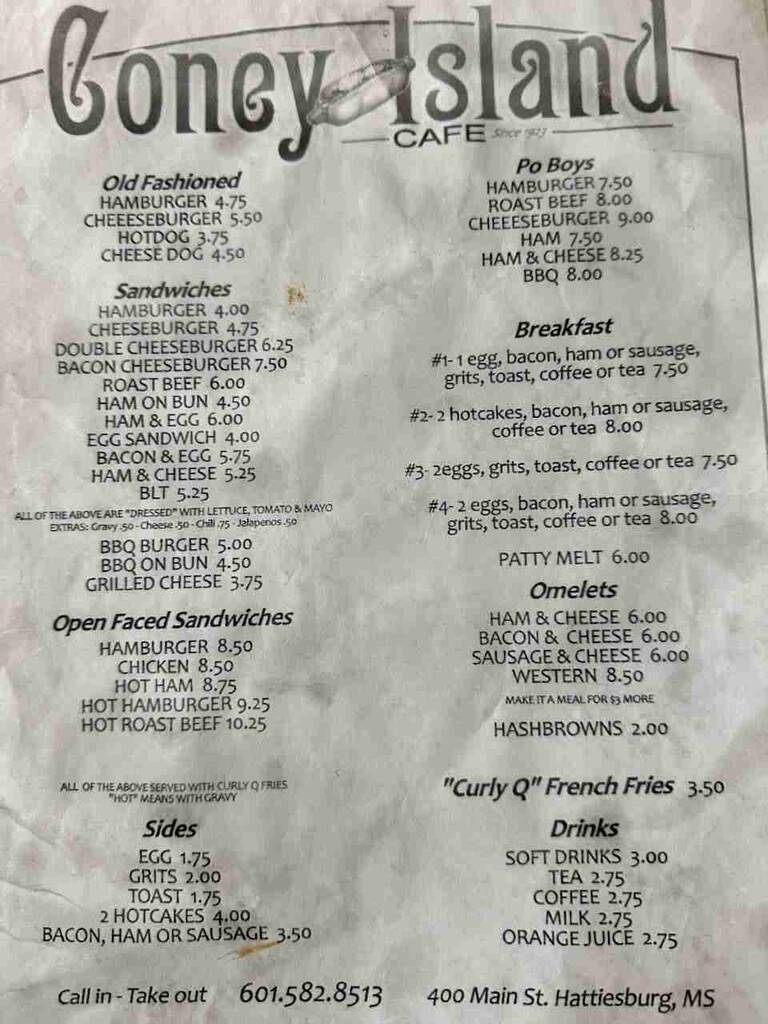 Menu, Coney Island Cafe, Hattiesburg, Mississippi